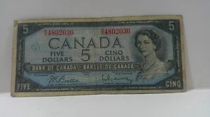 BILLET DE 5$ 1954 (TÊTE DE DIABLE ) BEATTIE/RASMINSKY CIRCULÉ - Picture 1 of 2