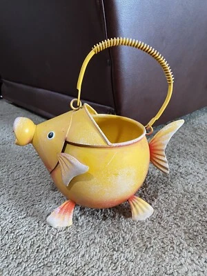 Fish Shaped Orange Painted Metal Watering Can Garden Decorative Handle - Image 1 of 4