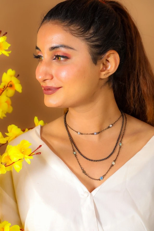 Collar de cadena en capas de piedras preciosas de ópalo de fuego natural hecho a mano moda mujeres joyería Foto 1 de 1