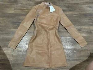 NWT Bardot Vegan Leather Tan Long Sleeve Mini Dress Sz 4 - Picture 1 of 7