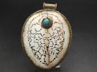 Antique Old Shell Pendant Oval Shaped Turquoise Bronze Filigree Handmade Jewelry