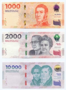 2023 2024 Argentina SET 3 1000 2000 10000 Pesos P 367 368 b 369 UNC NEW Banknote - Picture 1 of 4