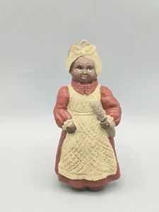 Vintage Folk Art Wood Christmas Ornament Women In A Baking Apron Holding Bread - Picture 1 of 7
