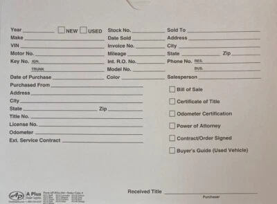 A PLUS Vehicle Deal Jackets/Envelope for Auto Sales AP-DSA-546 White • Qty 100 (P6)