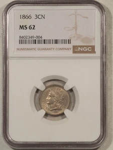 1866 THREE CENT NICKEL - NGC MS-62, LOOKS CHOICE! - Picture 1 of 3