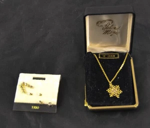 Vintage Snowflake Gold Tone Rhinestone Necklace Matching Pierced Earrings q2b21 - Picture 1 of 1