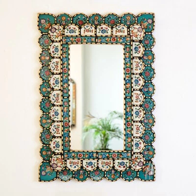 Rectangle Turquoise Mirror for wall, Golden Accent wall mirror for living room - Image 1 of 4