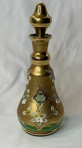 Vintage JFS Genuine Bohemia Green Glass & Gold Hand painted Decanter & Stopper - Picture 1 of 24