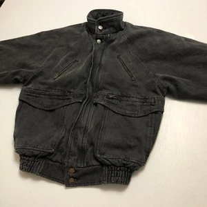 vtg 1987 Black Denim Trucker Jacket XS Heavyweight Zip Up Faded Grunge Coat - Picture 1 of 19