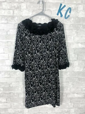 ALFANI PETITE FLORAL RUFFLE NECK & CUFF DRAPEY DRESS BLACK WHITE LACE PATTERN 6 - Image 1 of 4