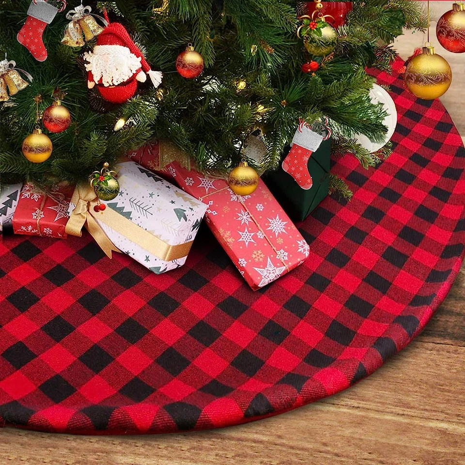 Christmas Tree Skirt 48 inch Large, Double Layer Red and Black Plaid Buffalo - Image 1 of 4