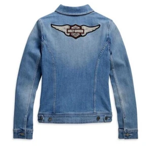 Harley Davidson Ladies Jacket Blue Denim Wings Bar & Shield Logo Size Medium - Picture 1 of 6