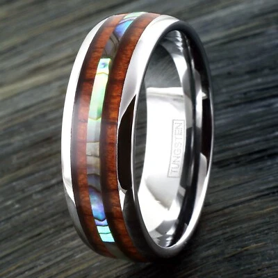6/8mm Tungsten Men's Hawaiian Koa Wood & Abalone Wedding Band Ring - Image 1 of 4