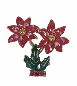 Beatrix BJ Poinsettia Brooch Pin Gold Tone Rhinestones Signed Christmas Vintage - Picture 1 of 6