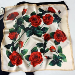 100% Silk Square Scarf Small Head Bandana Vintage Red Rose Kerchief Turban 53 cm - Picture 1 of 22