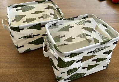 Storage Box Canvas Bin Container- Pine Trees - Set Of Two- New - Image 1 of 3
