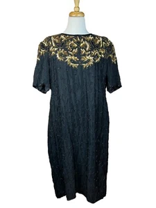 Abito VINTAGE da donna oro 2X nero paillettes perline impreziosite cocktail seta - Foto 1 di 8