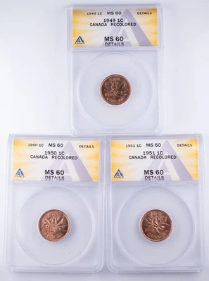 Certified 1949 1950 1951 Canada 1 Cent ANACS MS60 details 1c Lot of 3 - Image 1 of 4
