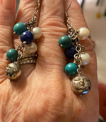 925 Sterling Silver Moon Face Earrings Lapis Turquoise Pearl Cluster Dangle - Image 1 of 4