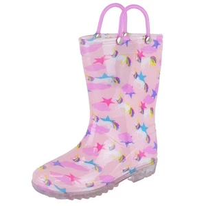 Girls Pink Unicorn Wellies Wellington Rain Boots with Pull On Handles - Picture 1 of 5