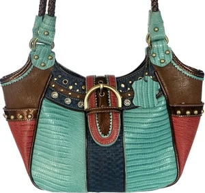 MC Marc Chantal Vtg Y2K Leather Handbag Color Block Embossed Croc Western Buckle - Picture 1 of 16