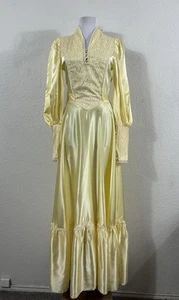 Maxi vestido vintage pradera para mujer XS amarillo satinado encaje manga larga años 70 - Imagen 1 de 13