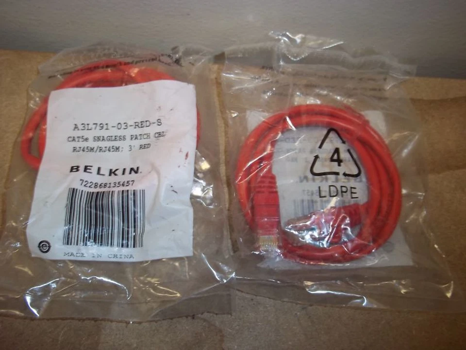 2 - BELKIN A3L791-03-RED-S CAT5e SNAGLESS PATCH CORD / CABLE 3' 1CP - Image 1 of 1