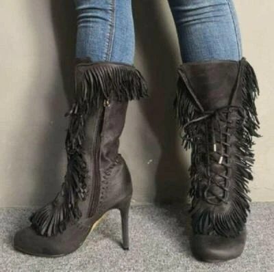 Mujeres Botas al Tobillo de Tacón de Aguja Punta Punta Brogue Con Cordones Zapatos Británicos Informales B Foto 1 de 4