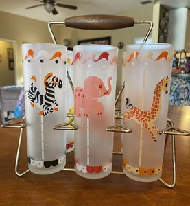 Libbey MCM Carousel Animal Glasses Set 6 Highball Collins Glass And Teak Caddy - Picture 1 of 24