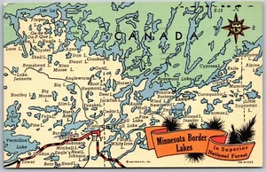 Postal de lino de colección Minnesota MN Border Lakes Mapa Superior National Forest años 40 - Imagen 1 de 2