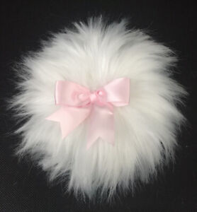 Powder PUFF for Body Dusting Talcum Large 5” White Fur Pink Bow - Made In USA