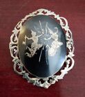 Vintage Sterling Silver Etched Art Two Thai Dancers Pin Brooch. Made In Siam