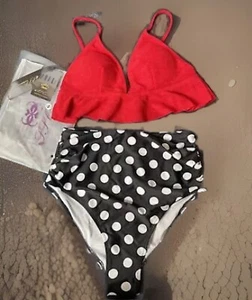 NWT Red Ruffle Bikini Top Black White Polkadot Bottom 2-Piece Small - Picture 1 of 5
