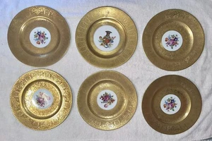 Vintage Hutschenreuther Selb Bavaria Gold Flower 10 3/4” Dinner Plates Set of 6 - Picture 1 of 18