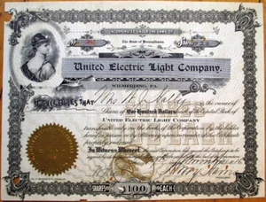 Wilmerding, PA 1916 Power Stock Certificate, United Electric Light Company, Penn - Picture 1 of 1
