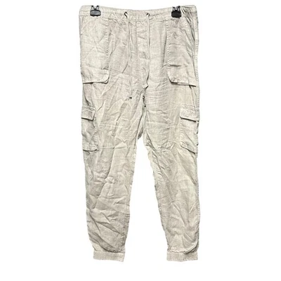 Nicole Miller Sand Tan Cargo Utility jogger pants lightweight pure linen size L - Image 1 of 4