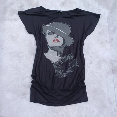Graphic 1940s Woman Top Womens Small Slouch Black 00s Y2K Cyber Grunge Rocker Gf - Image 1 of 4