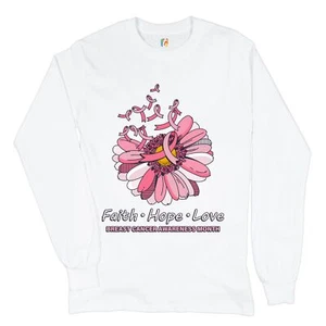 Faith Hope Love Long Sleeve T-shirt Breast Cancer Awareness Month Ribbon Flower - Picture 1 of 45