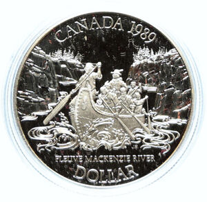 1989 CANADA UK Queen Elizabeth II Mackenzie River CANOE Proof SILVER Coin i98747