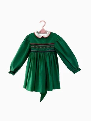 1950s Toddler Dress Handmade Green Embroidered Kites Long Ties 3T? Vintage  - Image 1 of 4