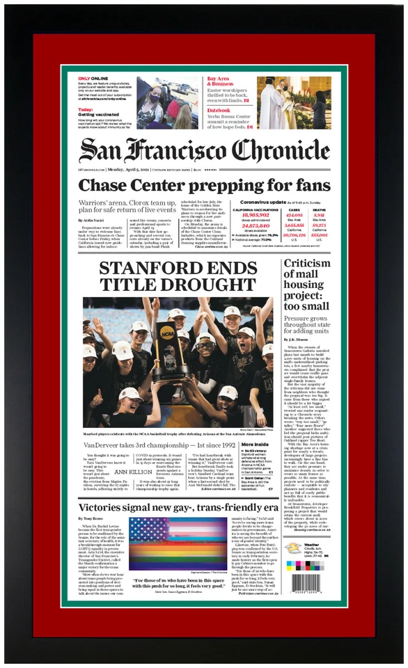 Stanford Cardinal 2021 NCAA Womens National Champions Newspaper Print Framed! - Image 1 of 1