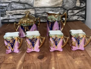 Germany Jena Bareuther Gold Rosa Mauve Blau Antik Tassen, Milchkännchen & Schüssel Set - Bild 1 von 16