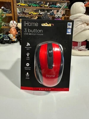 iHome  3 Buttons Compact USB Corded Optical Mouse Red New Factory Sealed - Image 1 of 4