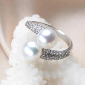 Anello doppia perla regolabile naturale acqua dolce perle argento sterling zirconi - Foto 1 di 16