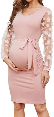 Floral  XL Long Sleeve Maternity Midi Dress, Fall Maternity Bodycon Dress - Image 1 of 4