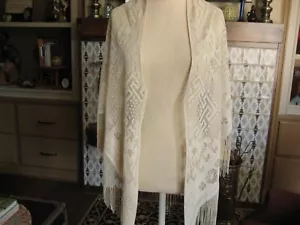 Vintage 60s Piano Shawl Scarf Crochet Lace Large Cream Ivory Pinup Fringe Hippie - Picture 1 of 18