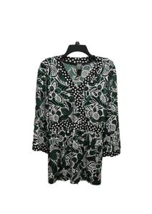 Suzie in the City Tunic Top Womens 2X Green Black Large Floral Long Bell Sleeves - Picture 1 of 18