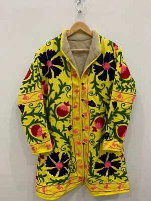 Quilted Long Fur Duck Suzani Jacket | Embroidered Suzani Coat | Suzani Jacket - Image 1 of 4