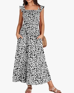 NEW Square Neck Maxi Dress Ruffle Smocked Sundress Pockets XL - Picture 1 of 6