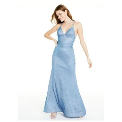 Blondie Nites Blue Metallic Glitter V-Neck Lace Up Formal Prom Fairy Gown Sz 1 - Image 1 of 4